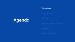 Agenda
The Journey
Cloud Native
DevOps
Microservice Architecture
Containers
Putting it Together
 
