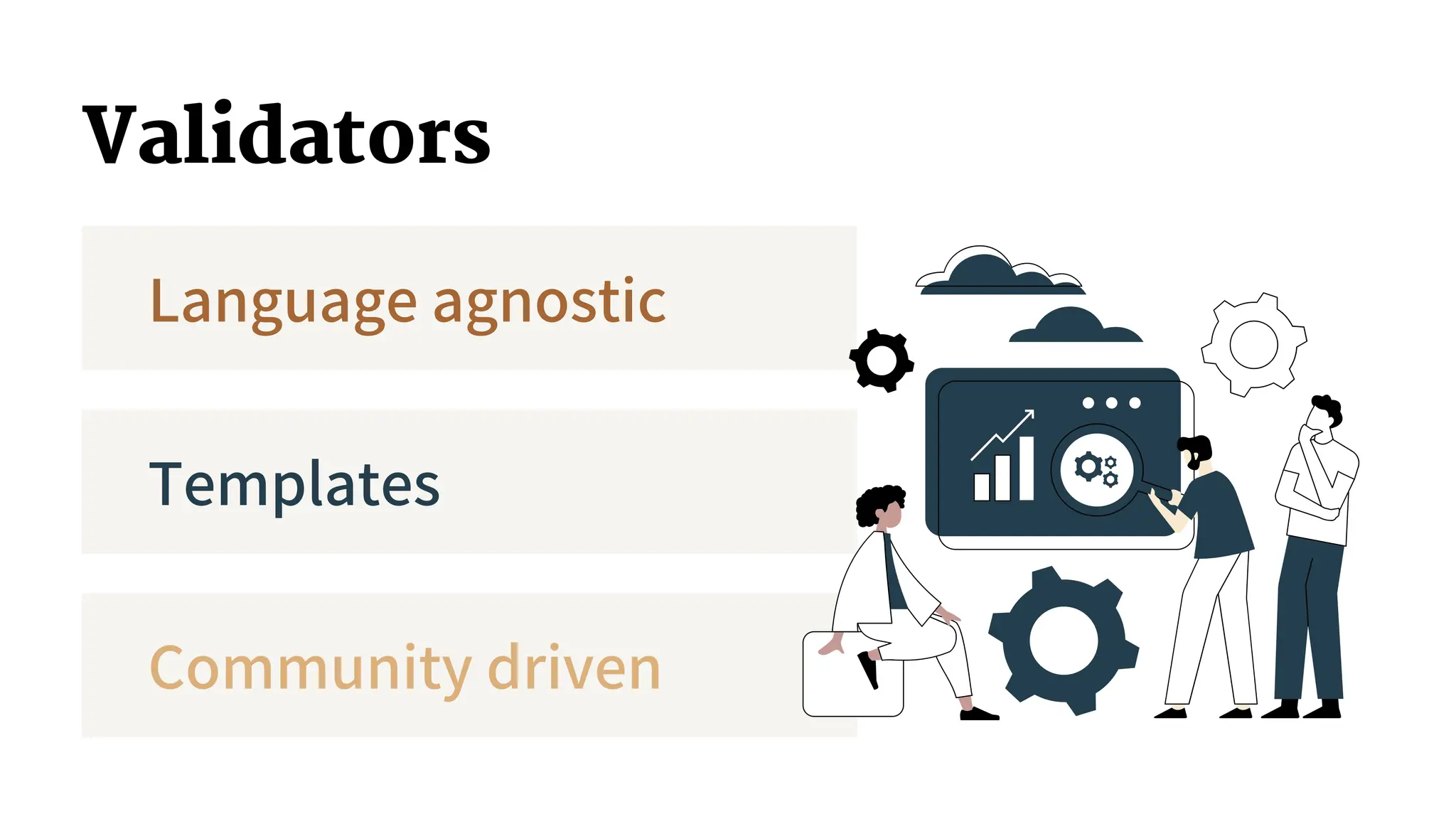 Validators
Language agnostic
Templates
Community driven