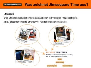 Was zeichnet Jimssquare Time aus?

●   flexibel:
Das Etiketten-Konzept erlaubt das Abbilden individueller Prozessabläufe.
(z.B.: projektorientierte Struktur vs. kundenorientierte Struktur)




                              © openForce Information Technology GesmbH
 