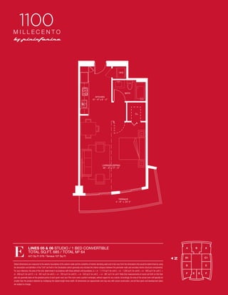 W/D

BATH
KITCHEN
12’ - 6” x 8’ - 2”

CL.

LIVING/SLEEPING
20’ - 4” x 17’ - 2”

www.miamicondoinvestments.com
TERRACE
4’ - 6” x 24’ 4”

A/C Sq Ft 578 / Terrace 107 Sq Ft

Stated dimensions are measured to the exterior boundaries of the exterior walls and the centerline of interior demising walls and in fact vary from the dimensions that would be determined by using
the description and deﬁnition of the “Unit” set forth in the Declaration (which generally only includes the interior airspace between the perimeter walls and excludes interior structural components).
For your reference, the area of the Unit, determined in accordance with those deﬁned unit boundaries, is + or - 1,174 sq ft. for unit A, + or - 1,208 sq ft. for unit B, + or - 893 sq ft. for unit C, +
or - 859 sq ft. for unit C1,+ or - 801 sq ft. for unit D, + or - 763 sq ft. for unit D1, + or - 543 sq ft. for unit E, + or - 891 sq ft. for unit F. Note that measurements of rooms set forth on this ﬂoor
plan are generally taken at the greatest points of each given room (as if the room were a perfect rectangle), without regard for any cutouts. Accordingly, the area of the actual room will typically be
smaller than the product obtained by multiplying the stated length times width. All dimensions are approximate and may vary with actual construction, and all ﬂoor plans and development plans
are subject to change.

N

E

LINES 05 & 06 STUDIO / 1 BED CONVERTIBLE
TOTAL SQ.FT. 685 / TOTAL M2 64

 