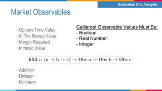 Market Observables
Evaluation And Analysis
▷Addition
▷Division
▷Minimum
Gaillardet Observable Values Must Be:
- Boolean
- ...