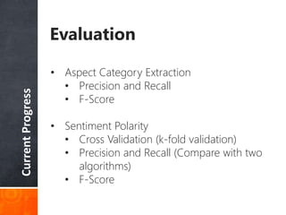 CurrentProgress
Evaluation
• Aspect Category Extraction
• Precision and Recall
• F-Score
• Sentiment Polarity
• Cross Validation (k-fold validation)
• Precision and Recall (Compare with two
algorithms)
• F-Score
 