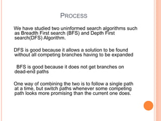 PROCESS
We have studied two uninformed search algorithms such
as Breadth First search (BFS) and Depth First
search(DFS) Algorithm.
DFS is good because it allows a solution to be found
without all competing branches having to be expanded
BFS is good because it does not get branches on
dead-end paths
One way of combining the two is to follow a single path
at a time, but switch paths whenever some competing
path looks more promising than the current one does.
 