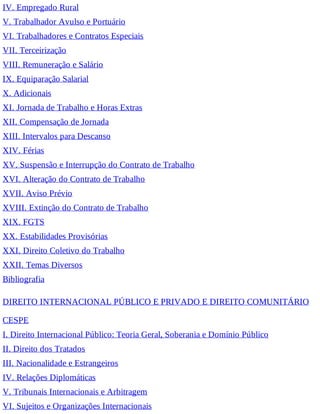 IV. Empregado Rural
V. Trabalhador Avulso e Portuário
VI. Trabalhadores e Contratos Especiais
VII. Terceirização
VIII. Remuneração e Salário
IX. Equiparação Salarial
X. Adicionais
XI. Jornada de Trabalho e Horas Extras
XII. Compensação de Jornada
XIII. Intervalos para Descanso
XIV. Férias
XV. Suspensão e Interrupção do Contrato de Trabalho
XVI. Alteração do Contrato de Trabalho
XVII. Aviso Prévio
XVIII. Extinção do Contrato de Trabalho
XIX. FGTS
XX. Estabilidades Provisórias
XXI. Direito Coletivo do Trabalho
XXII. Temas Diversos
Bibliografia
DIREITO INTERNACIONAL PÚBLICO E PRIVADO E DIREITO COMUNITÁRIO
CESPE
I. Direito Internacional Público: Teoria Geral, Soberania e Domínio Público
II. Direito dos Tratados
III. Nacionalidade e Estrangeiros
IV. Relações Diplomáticas
V. Tribunais Internacionais e Arbitragem
VI. Sujeitos e Organizações Internacionais
 