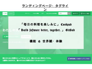 ランディングページ・タグライン 
 
「毎⽇日の料料理理を楽しみに」Cookpad 
「Build software better, together.」GitHub 
 
機能  世界観・体験 
 
 