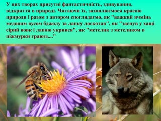 У цих творах присутні фантастичність, здивування,
відкриття в природі. Читаючи їх, захоплюємося красою
природи і разом з автором споглядаємо, як "важкий ячмінь
медовим вусом бджолу за лапку лоскотав", як "заснув у хащі
сірий вовк і лапою укрився", як "метелик з метеликом в
піжмурки грають..."
 