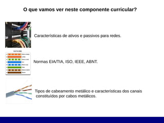 O que vamos ver neste componente curricular?




    Características de ativos e passivos para redes
                                              redes.




   Normas EIA/TIA, ISO, IEEE, ABNT.




    Tipos de cabeamento metálico e características dos canais
    constituídos por cabos metálicos.
 