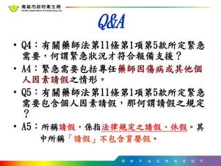 體 驗 幸 福 高 雄 健 康 城 市
Q&A
• Q4：有關藥師法第11條第1項第5款所定緊急
需要，何謂緊急狀況才符合報備支援？
• A4：緊急需要包括專任藥師因傷病或其他個
人因素請假之情形。
• Q5：有關藥師法第11條第1項第5款所定緊急
需要包含個人因素請假，那何謂請假之規定
？
• A5：所稱請假，係指法律規定之請假、休假。其
中所稱「請假」不包含育嬰假。
 