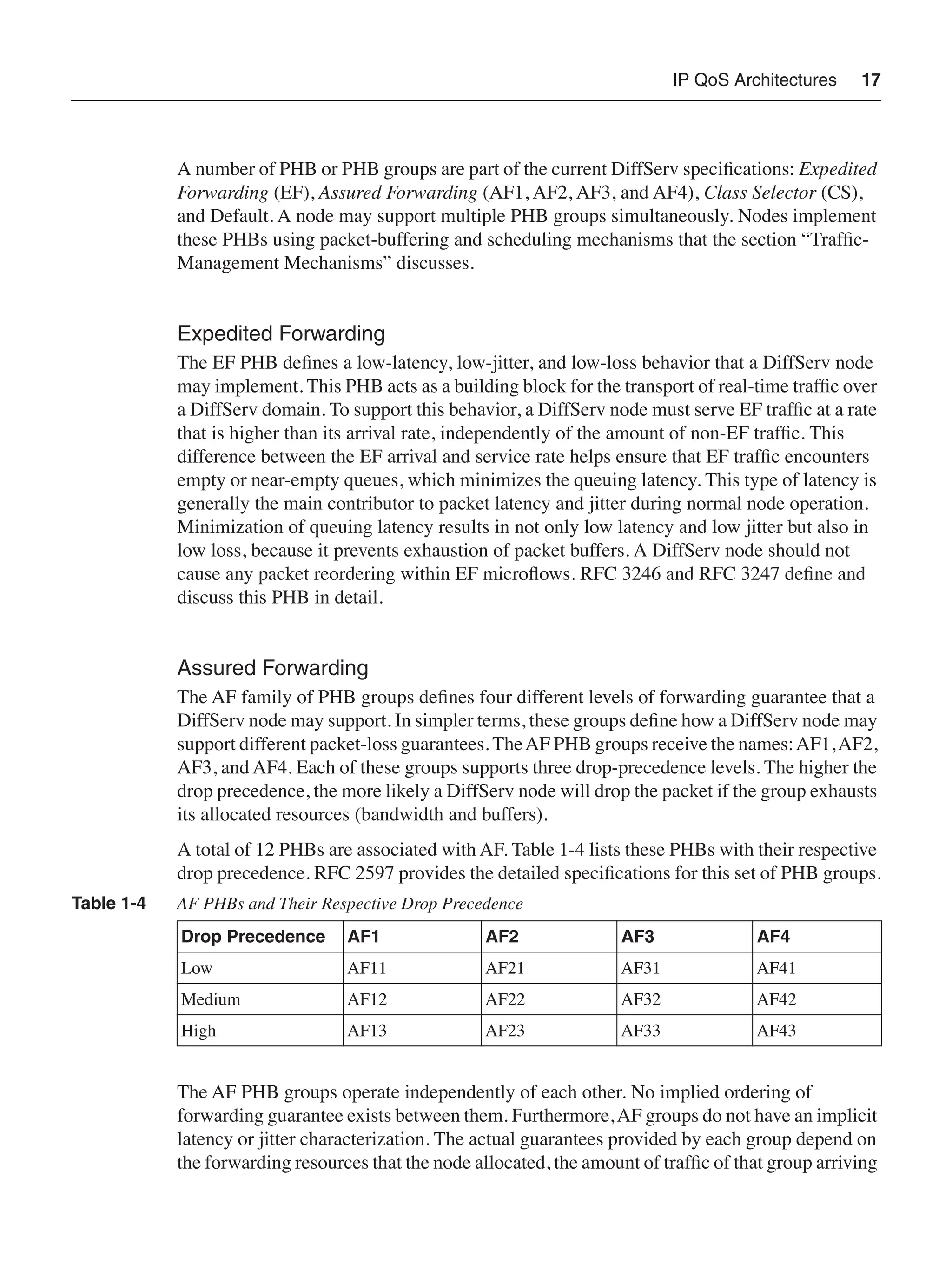 IP QoS Architectures 17
A number of PHB or PHB groups are part of the current DiffServ speciﬁcations: Expedited
Forwarding (EF), Assured Forwarding (AF1, AF2, AF3, and AF4), Class Selector (CS),
and Default. A node may support multiple PHB groups simultaneously. Nodes implement
these PHBs using packet-buffering and scheduling mechanisms that the section “Trafﬁc-
Management Mechanisms” discusses.
Expedited Forwarding
The EF PHB deﬁnes a low-latency, low-jitter, and low-loss behavior that a DiffServ node
may implement. This PHB acts as a building block for the transport of real-time trafﬁc over
a DiffServ domain. To support this behavior, a DiffServ node must serve EF trafﬁc at a rate
that is higher than its arrival rate, independently of the amount of non-EF trafﬁc. This
difference between the EF arrival and service rate helps ensure that EF trafﬁc encounters
empty or near-empty queues, which minimizes the queuing latency. This type of latency is
generally the main contributor to packet latency and jitter during normal node operation.
Minimization of queuing latency results in not only low latency and low jitter but also in
low loss, because it prevents exhaustion of packet buffers. A DiffServ node should not
cause any packet reordering within EF microﬂows. RFC 3246 and RFC 3247 deﬁne and
discuss this PHB in detail.
Assured Forwarding
The AF family of PHB groups deﬁnes four different levels of forwarding guarantee that a
DiffServ node may support. In simpler terms, these groups deﬁne how a DiffServ node may
support different packet-loss guarantees. TheAF PHB groups receive the names:AF1,AF2,
AF3, and AF4. Each of these groups supports three drop-precedence levels. The higher the
drop precedence, the more likely a DiffServ node will drop the packet if the group exhausts
its allocated resources (bandwidth and buffers).
A total of 12 PHBs are associated with AF. Table 1-4 lists these PHBs with their respective
drop precedence. RFC 2597 provides the detailed speciﬁcations for this set of PHB groups.
The AF PHB groups operate independently of each other. No implied ordering of
forwarding guarantee exists between them. Furthermore,AF groups do not have an implicit
latency or jitter characterization. The actual guarantees provided by each group depend on
the forwarding resources that the node allocated, the amount of trafﬁc of that group arriving
Table 1-4 AF PHBs and Their Respective Drop Precedence
Drop Precedence AF1 AF2 AF3 AF4
Low AF11 AF21 AF31 AF41
Medium AF12 AF22 AF32 AF42
High AF13 AF23 AF33 AF43
 