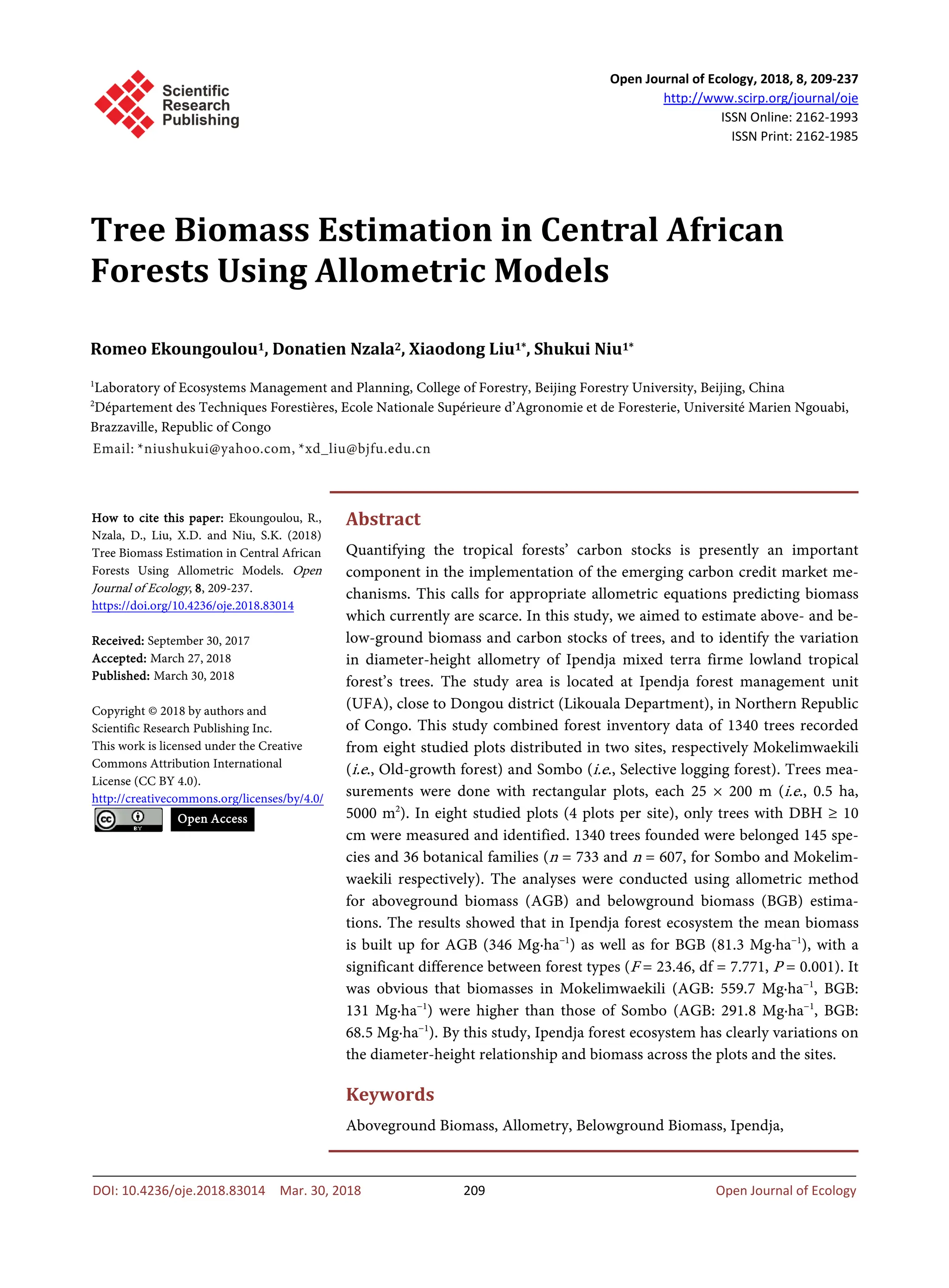 Tree Biomass Estimation In Central African Forests Using Allometric ...