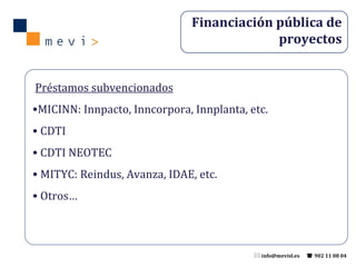 <ul><ul><li>Préstamos subvencionados </li></ul></ul><ul><ul><li>MICINN: Innpacto, Inncorpora, Innplanta, etc. </li></ul></...