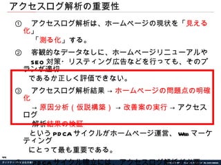 ① 　アクセスログ解析は、ホームページの現状を「 見える化 」 　　 「 測る化 」する。 ② 　客観的なデータなしに、ホームページリニューアルや 　  SEO 対策・リスティング広告などを行っても、そのプランが適切 であるか正しく評価できない。 ③ 　アクセスログ解析結果 ->  ホームページの問題点の明確化  　　  ->  原因分析（仮説構築）  ->  改善案の実行  -> アクセスログ 　　 解析 結果の検証 　  という PDCA サイクルがホームページ運営、 Web マーケティング にとって最も重要である。 ④ 　 PDCA サイクル確立には、アクセスログ解析が必要。 ⑤ 　ホームページの内容にかかわらず、データを取得できる環境を　 早急につくるべきである。 アクセスログ解析の重要性 