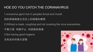 HOE DO YOU CATCH THE CORANAVIRUS
1.oronavirus germ live in peoples throat and mouth
冠狀病毒病菌生活在人的喉嚨和嘴裡
2.Without a mask, coughing and not covering the virus everywhere
不戴口罩，咳嗽不止，到處都是病毒
3.Not having good hygiene
沒有良好的衛生習慣
 