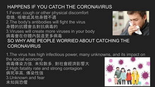 HAPPENS IF YOU CATCH THE CORONAVIRUS
1.Fever, cough or other physical discomfort
發燒，咳嗽或其他身體不適
2.The body's antibodies will fight the virus
身體的抗體會去對抗病毒的
3.Viruses will create more viruses in your body
病毒會在你體內製造更多病毒
1.The virus has high infectious power, many unknowns, and its impact on
the social economy
病毒傳染力強，未知數多，對社會經濟影響大
2.High fatality rate and strong contagion
病死率高，傳染性強
3.Unknown and fear
未知與恐懼
SO WHY ARE PEOPLE WORRIED ABOUT CATCHING THE
CORONAVIRUS
 