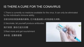 IS THERE A CURE FOR THE CONAVIRUS
1.There is currently no medicine available for the virus. It can only be eliminated
by the individual’s immune ability.
目前沒有針對該病毒的藥物。它只能通過個人的免疫能力消除。
2.Vaccinate, let yourself produce antibodies
施打疫苗，讓自己產生抗體
3.Rest more and get nourishment
多休息，並攝取營養
 