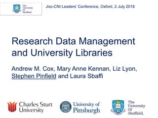 Research Data Management
and University Libraries
Andrew M. Cox, Mary Anne Kennan, Liz Lyon,
Stephen Pinfield and Laura Sbaffi
Jisc-CNI Leaders’ Conference, Oxford, 2 July 2018
 