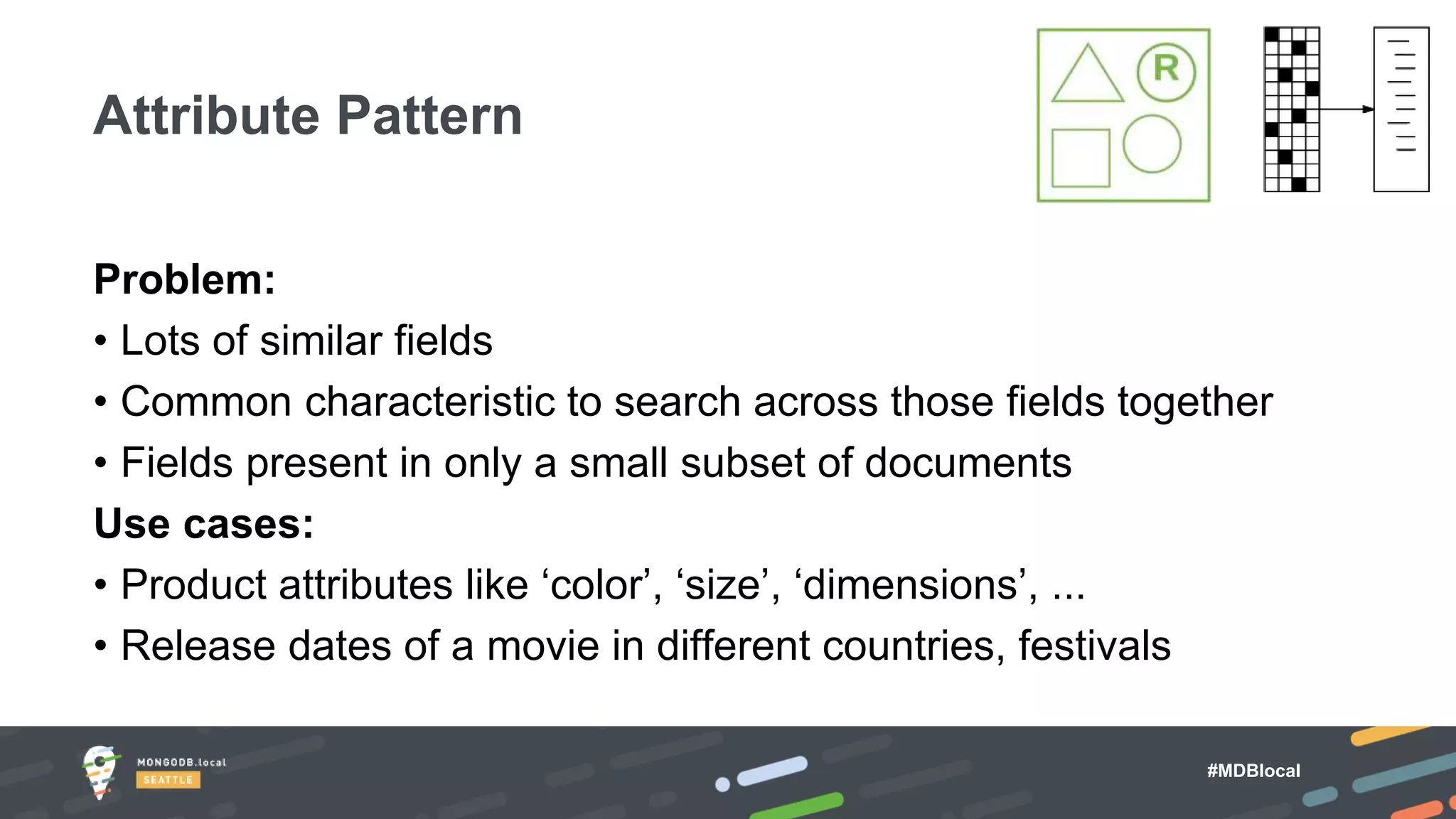 #MDBlocal
Problem:
• Lots of similar fields
• Common characteristic to search across those fields together
• Fields present in only a small subset of documents
Use cases:
• Product attributes like ‘color’, ‘size’, ‘dimensions’, ...
• Release dates of a movie in different countries, festivals
Attribute Pattern
 