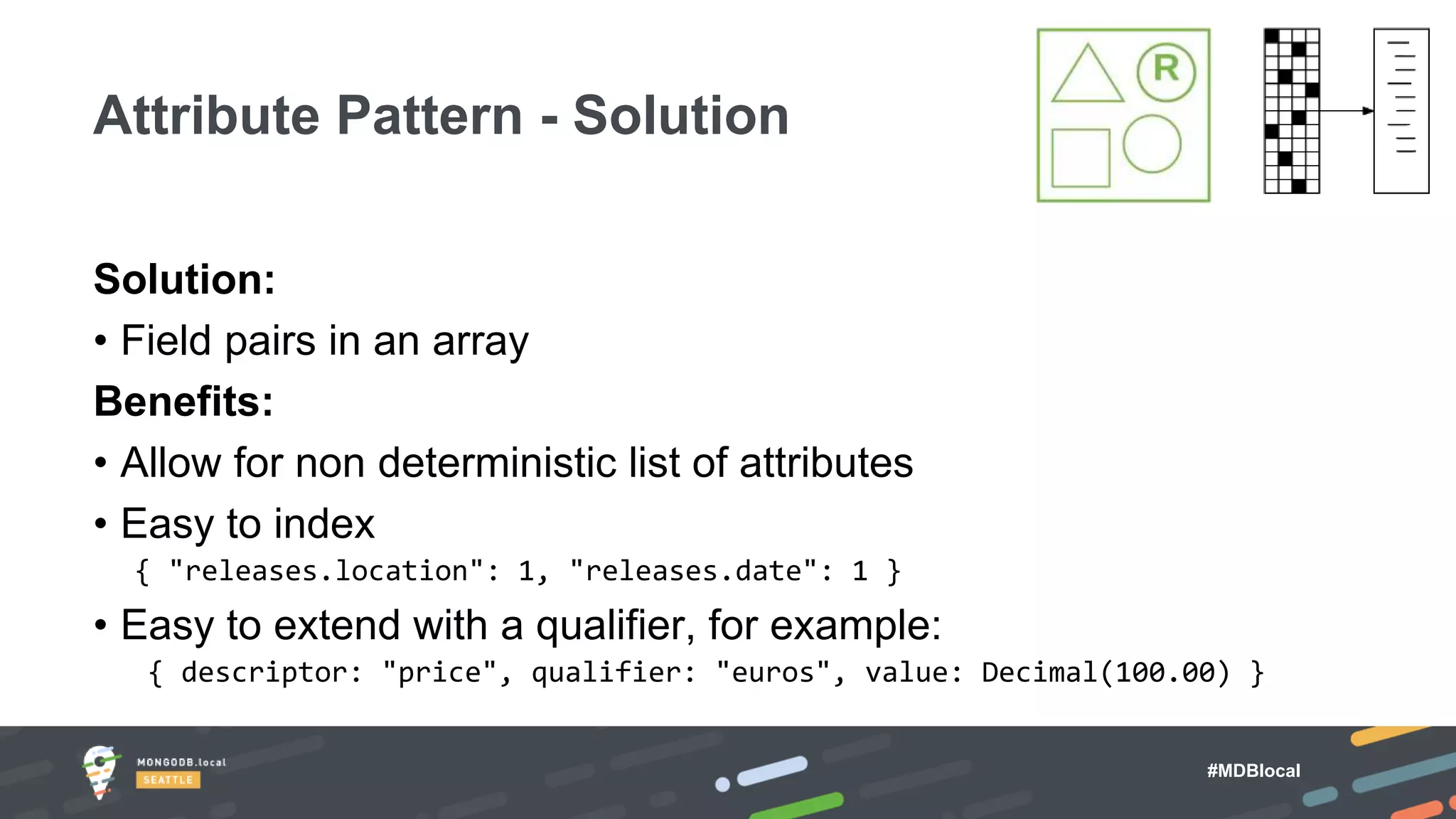 #MDBlocal
Solution:
• Field pairs in an array
Benefits:
• Allow for non deterministic list of attributes
• Easy to index
{ "releases.location": 1, "releases.date": 1 }
• Easy to extend with a qualifier, for example:
{ descriptor: "price", qualifier: "euros", value: Decimal(100.00) }
Attribute Pattern - Solution
 
