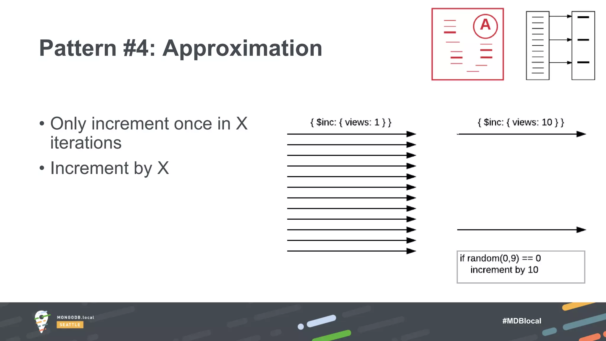 #MDBlocal
• Only increment once in X
iterations
• Increment by X
Pattern #4: Approximation
 