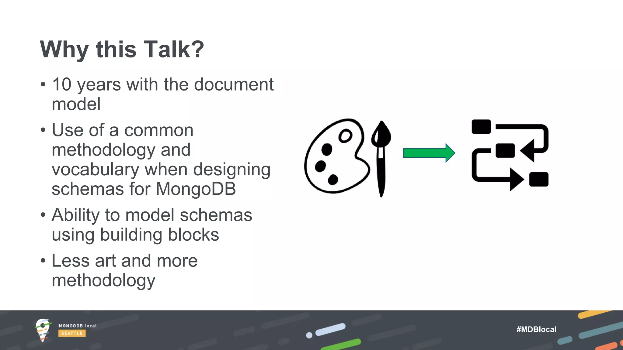 #MDBlocal
• 10 years with the document
model
• Use of a common
methodology and
vocabulary when designing
schemas for MongoDB
• Ability to model schemas
using building blocks
• Less art and more
methodology
Why this Talk?
 