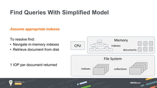 #MDBlocal
Assume appropriate indexes
To resolve find:
• Navigate in-memory indexes
• Retrieve document from disk
1 IOP per document returned
Find Queries With Simplified Model
File System
indexes collections
CPU
Memory
indexes
documents
 