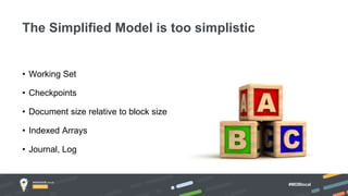 #MDBlocal
• Working Set
• Checkpoints
• Document size relative to block size
• Indexed Arrays
• Journal, Log
The Simplified Model is too simplistic
 