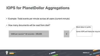 #MDBlocal
• Example: Total events per minute across all users (current minute)
• How many documents will be read from disk?
IOPS for PlanetDollar Aggregations
05000 per second * 60 seconds = 300,000
Most data in cache
Some IOPS will likely be require
 