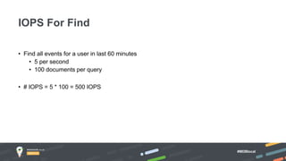 #MDBlocal
• Find all events for a user in last 60 minutes
• 5 per second
• 100 documents per query
• # IOPS = 5 * 100 = 500 IOPS
IOPS For Find
 