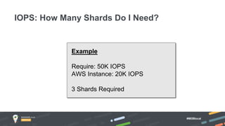 #MDBlocal
IOPS: How Many Shards Do I Need?
Example
Require: 50K IOPS
AWS Instance: 20K IOPS
3 Shards Required
 