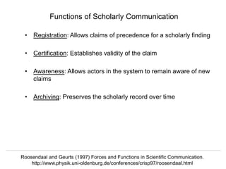 @hvdsomp
Jisc/CNI Conference, July 2nd 2018, Oxford, UK
Functions of Scholarly Communication
• Registration: Allows claims of precedence for a scholarly finding
• Certification: Establishes validity of the claim
• Awareness: Allows actors in the system to remain aware of new
claims
• Archiving: Preserves the scholarly record over time
Roosendaal and Geurts (1997) Forces and Functions in Scientific Communication.
http://www.physik.uni-oldenburg.de/conferences/crisp97/roosendaal.html
 