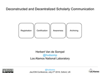 @hvdsomp
Jisc/CNI Conference, July 2nd 2018, Oxford, UK
Herbert Van de Sompel
@hvdsomp
Los Alamos National Laboratory
Deconstructed and Decentralized Scholarly Communication
 