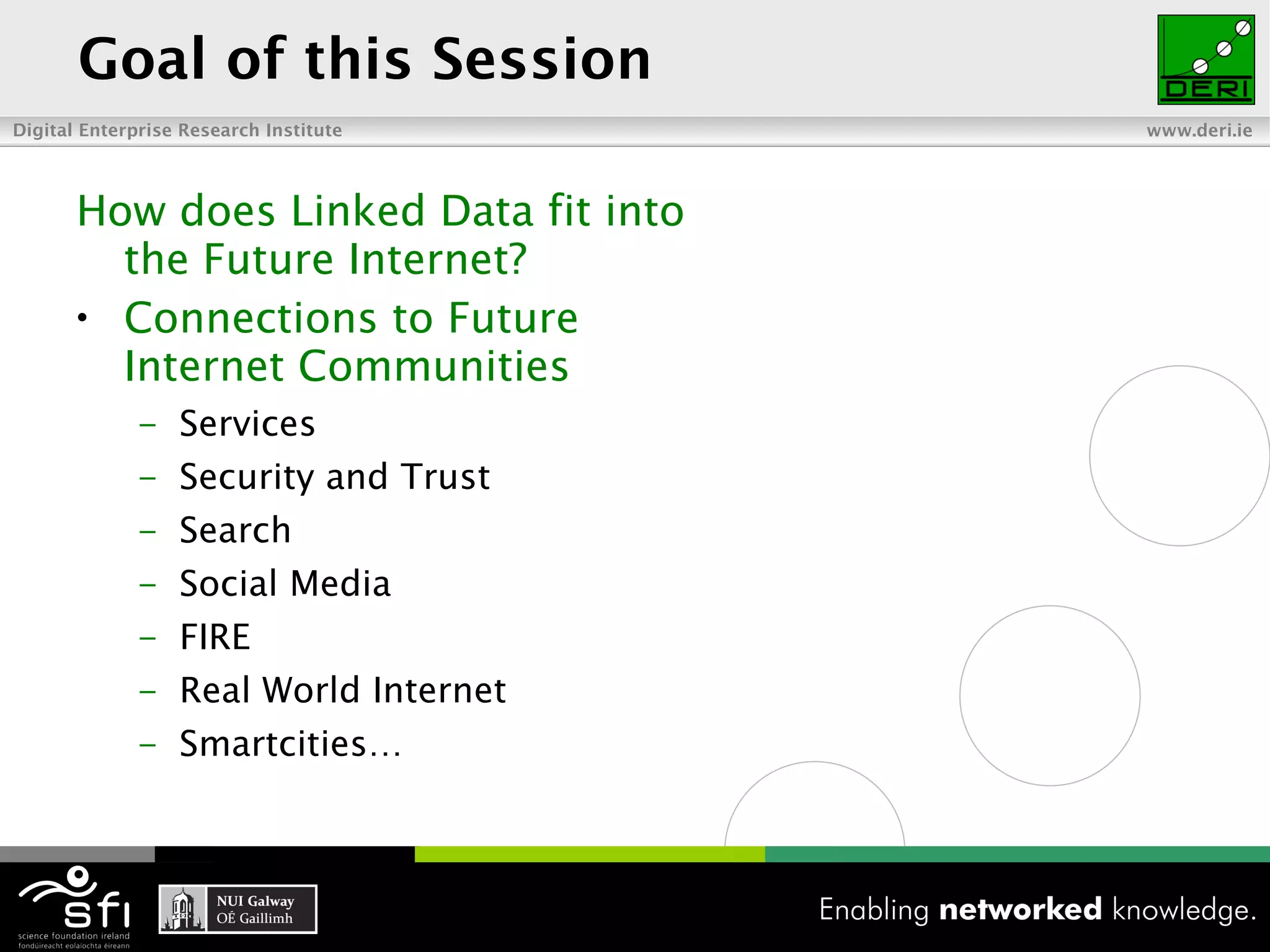 Goal of this Session How does Linked Data fit into the Future Internet? Connections to Future Internet Communities Services Security and Trust Search Social Media FIRE Real World Internet Smartcities… 