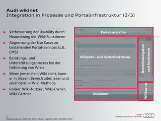 14
Natalija Angsmann AUDI AG, Simon Dückert Cogneon GmbH, Knowtech 2010
Audi wikinet
Integration in Prozesse und Portalinfrastruktur (3/3)
► Verbesserung der Usability durch
Neuordnung der Wiki-Funktionen
► Abgrenzung der Use Cases zu
bestehenden Portal-Services (z.B.
CMS)
► Beratungs- und
Unterstützungsprozess bei der
Initiierung von Wikis
► Wenn jemand ein Wiki sieht, kann
er in diesem Bereich alles lesen und
verändern –> Wiki-Methode
► Rollen: Wiki-Nutzer , Wiki-Owner,
Wiki-Gärtner
 
