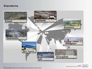 3
Natalija Angsmann AUDI AG, Simon Dückert Cogneon GmbH, Knowtech 2010
Standorte
Ingolstadt
Neckarsulm
Bratislava
Changchun
Aurangabad
Györ
Sant‘Agata
Brüssel
 
