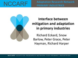NCCARF

             Interface between
         mitigation and adaptation
           in primary industries
           Richard Eckard, Snow
         Barlow, Peter Grace, Peter
          Hayman, Richard Harper
 