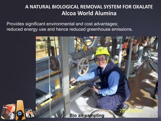 A NATURAL BIOLOGICAL REMOVAL SYSTEM FOR OXALATE
                         Alcoa World Alumina
Provides significant environmental and cost advantages;
reduced energy use and hence reduced greenhouse emissions.




                            Bio air sampling
 