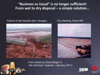 “Business as Usual” is no longer sufficient!
       From wet to dry disposal – a simple solution…


Failure of wet bauxite dam, Hungary      Dry stacking, Alcoa WA




                  From article by David Boger in
                  the chemical engineer (January 2011)
 