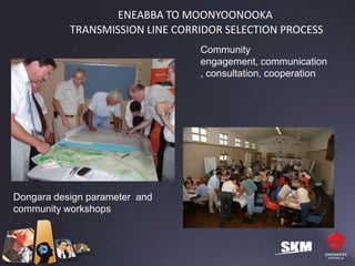 ENEABBA TO MOONYOONOOKA
           TRANSMISSION LINE CORRIDOR SELECTION PROCESS
                                 Community
                                 engagement, communication
                                 , consultation, cooperation




Dongara design parameter and
community workshops
 