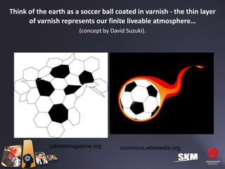 Think of the earth as a soccer ball coated in varnish - the thin layer
      of varnish represents our finite liveable atmosphere…
                       (concept by David Suzuki).




             cabinetmagazine.org      commons.wikimedia.org
 