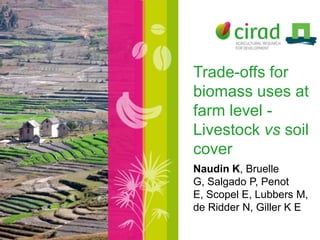 Trade-offs for
biomass uses at
farm level -
Livestock vs soil
cover
Naudin K, Bruelle
G, Salgado P, Penot
E, Scopel E, Lubbers M,
de Ridder N, Giller K E
 
