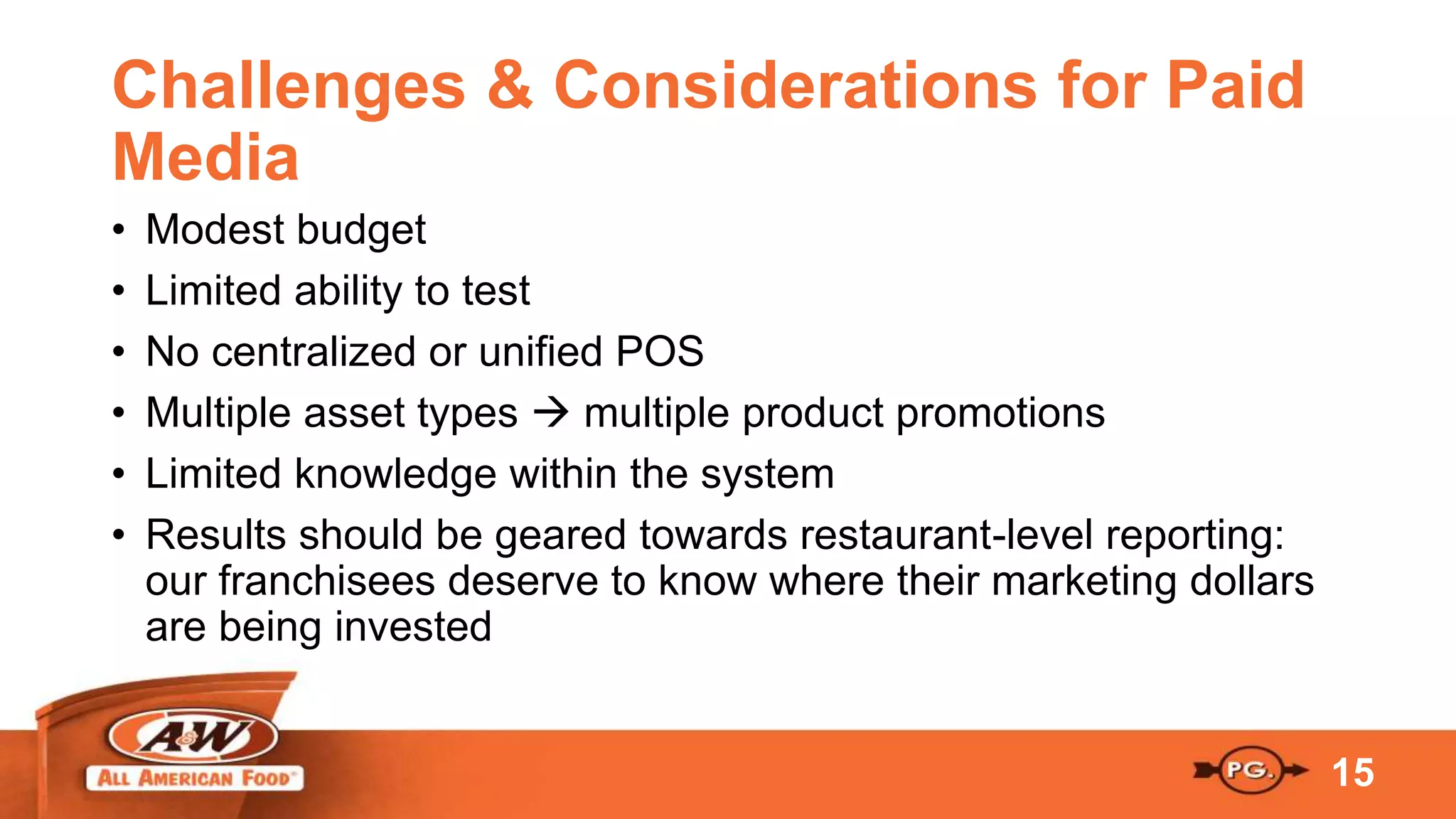 Challenges & Considerations for Paid
Media
• Modest budget
• Limited ability to test
• No centralized or unified POS
• Multiple asset types  multiple product promotions
• Limited knowledge within the system
• Results should be geared towards restaurant-level reporting:
our franchisees deserve to know where their marketing dollars
are being invested
15
 