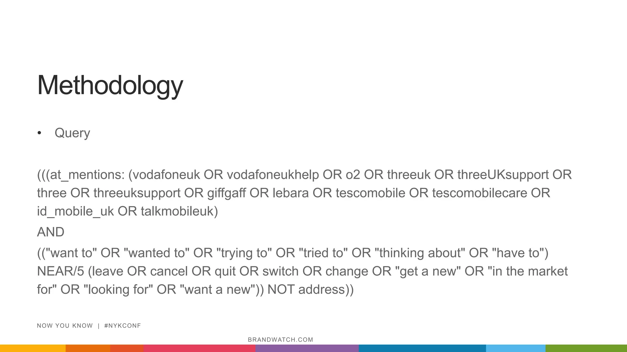 Methodology
• Query
(((at_mentions: (vodafoneuk OR vodafoneukhelp OR o2 OR threeuk OR threeUKsupport OR
three OR threeuksupport OR giffgaff OR lebara OR tescomobile OR tescomobilecare OR
id_mobile_uk OR talkmobileuk)
AND
(("want to" OR "wanted to" OR "trying to" OR "tried to" OR "thinking about" OR "have to")
NEAR/5 (leave OR cancel OR quit OR switch OR change OR "get a new" OR "in the market
for" OR "looking for" OR "want a new")) NOT address))
NOW YOU KNOW | #NYKCONF
BRANDWATCH.COM
 
