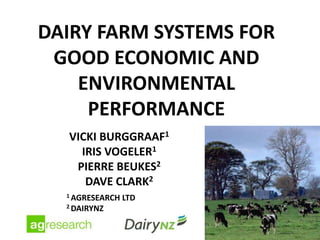 DAIRY FARM SYSTEMS FOR
 GOOD ECONOMIC AND
    ENVIRONMENTAL
     PERFORMANCE
  VICKI BURGGRAAF1
    IRIS VOGELER1
   PIERRE BEUKES2
     DAVE CLARK2
  1 AGRESEARCH   LTD
  2 DAIRYNZ
 