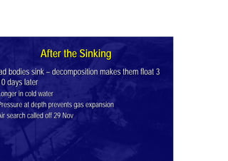 After the SinkingAfter the Sinking
ad bodies sinkad bodies sink –– decomposition makes them float 3decomposition makes them float 3
10 days later10 days later
Longer in cold waterLonger in cold water
Pressure at depth prevents gas expansionPressure at depth prevents gas expansion
Air search called off 29 NovAir search called off 29 Nov
 