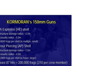 KORMORANKORMORAN’’s 150mm Gunss 150mm Guns
gh Explosive (HE) shellh Explosive (HE) shell
Structural damage radius ~3.2mStructural damage radius ~3.2m
Casualty radius ~5.0mCasualty radius ~5.0m
~4000 frags per shell (ie multiple, small)~4000 frags per shell (ie multiple, small)
mour Piercing (AP) Shellmour Piercing (AP) Shell
Structural damage radius ~1.5mStructural damage radius ~1.5m
Casualty radius ~4.0mCasualty radius ~4.0m
~2000 frags per shell (ie fewer, larger)~2000 frags per shell (ie fewer, larger)
east 87 hits = 200,000 frags (310 per crew member)east 87 hits = 200,000 frags (310 per crew member)
 