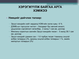 ХЭРЭГЖҮҮЛЖ БАЙГАА АРГА
ХЭМЖЭЭ
• Нөөцийг дайчлах талаар:
▫ Эрүүл мэндийн нийт зардалд НЭМ-ийн эзлэх хувь– 6 %
▫ ДЭМБ-ын тэргүүлэх чиглэл – Халдварт бус өвчний хяналт,
урьдчилан сэргийлэлт хөтөлбөр, 2 жилд 1 сая ам. доллар
▫ Мянганы сорилтын сангийн Эрүүл мэндийн төсөл - 5 жилд 39.1 сая
ам. доллар
▫ Эрүүл мэндийг дэмжих сан - 1.6 тэрбум төгрөг /тамхины онцгой
албан татварын 2%, архины онцгой албан татварын 1 %, эмийн
импортын татварын 2%/
 