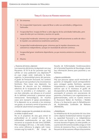Gerencia de atención primaria de Mallorca




                                         Tabla 8. Escala de Rankin modiﬁcada

              0   Sin síntomas.

              1   Sin incapacidad importante: capaz de llevar a cabo sus actividades y obligaciones
                  habituales.

              2   Incapacidad leve: incapaz de llevar a cabo algunas de las actividades habituales, pero
                  capaz de velar por sus intereses y asuntos sin ayuda.

              3   Incapacidad moderada: síntomas que restringen signiﬁcativamente su estilo de vida o
                  le impiden una subsistencia totalmente autónoma.

              4   Incapacidad moderadamente grave: síntomas que le impiden claramente una
                  subsistencia independiente, aunque sin necesidad de atención continua.

              5   Incapacidad grave: totalmente dependiente, ya que necesita asistencia constante día y
                  noche.

              6   Muerte.


            Trastornos del ánimo y depresión                          Estudio de Enfermedades Cerebrovasculares
          Los trastornos del ánimo y la depresión son muy             de la Sociedad Española de Neurología, donde
          frecuentes. El 33 % de los pacientes que han                hay información diversa para pacientes y sus
          sufrido un ictus padecerán una depresión,49                 familiares.
          en cuyo origen están implicados la lesión
          orgánica, la personalidad previa del paciente,                Aspectos sociolaborales
          el grado de limitación funcional, los cambios               Hay que procurar apoyo social remitiendo al
          vitales que se van a producir y las circunstancias          paciente al trabajador social correspondiente
          familiares. Para tratar esta depresión, los                 para conseguir ayudas familiares, aparatos
          fármacos de elección son los inhibidores                    ortoprotésicos y ayudas domiciliarias, para
          selectivos de la recaptación de la serotonina               solicitar que se le reconozca el grado de
          —como la sertralina y el citalopram—, que                   discapacidad y de dependencia, etc. Conviene
          son bien tolerados, son eﬁcaces en el control               aconsejarle el contacto con asociaciones de
          de la labilidad emocional y presentan pocas                 pacientes y familiares y con organizaciones no
          interacciones farmacológicas. En muchos                     gubernamentales, como en nuestro entorno
          casos será necesario el apoyo psicoterápico.                la Associació Balear de Familiars i Malalts
          Si la depresión no se controla o los síntomas               d’Ictus y la Asociación para la Rehabilitación
          son graves, es necesario remitir al paciente a la           de Accidentados Cerebrales de Baleares
          unidad de salud mental correspondiente.                     (REHACER).

            Facilitar consejos para las actividades de vida diaria,     Rehabilitación
          sin olvidar el aspecto sexual                               La rehabilitación de los pacientes de ictus tiene
          No es el propósito de esta guía entrar en                   como objetivo fundamental intentar recuperar
          profundidad en el control crónico de la                     su capacidad funcional y su independencia
          enfermedad cerebrovascular, ya que otras                    tanto como sea factible en cada caso. Debe
          iniciativas se ocuparán de este tema (GESMA,                iniciarse durante el ingreso, lo antes posible, en
          Plan estratégico del ictus…). De todos modos,               cuanto esté clínicamente estable y tenga un nivel
          sirva como referencia la página web <www.                   mínimo de resistencia física. La intensidad y la
          ictussen.org/?q=node/4>, del Grupo de                       frecuencia de las sesiones inﬂuyen directamente


32
 