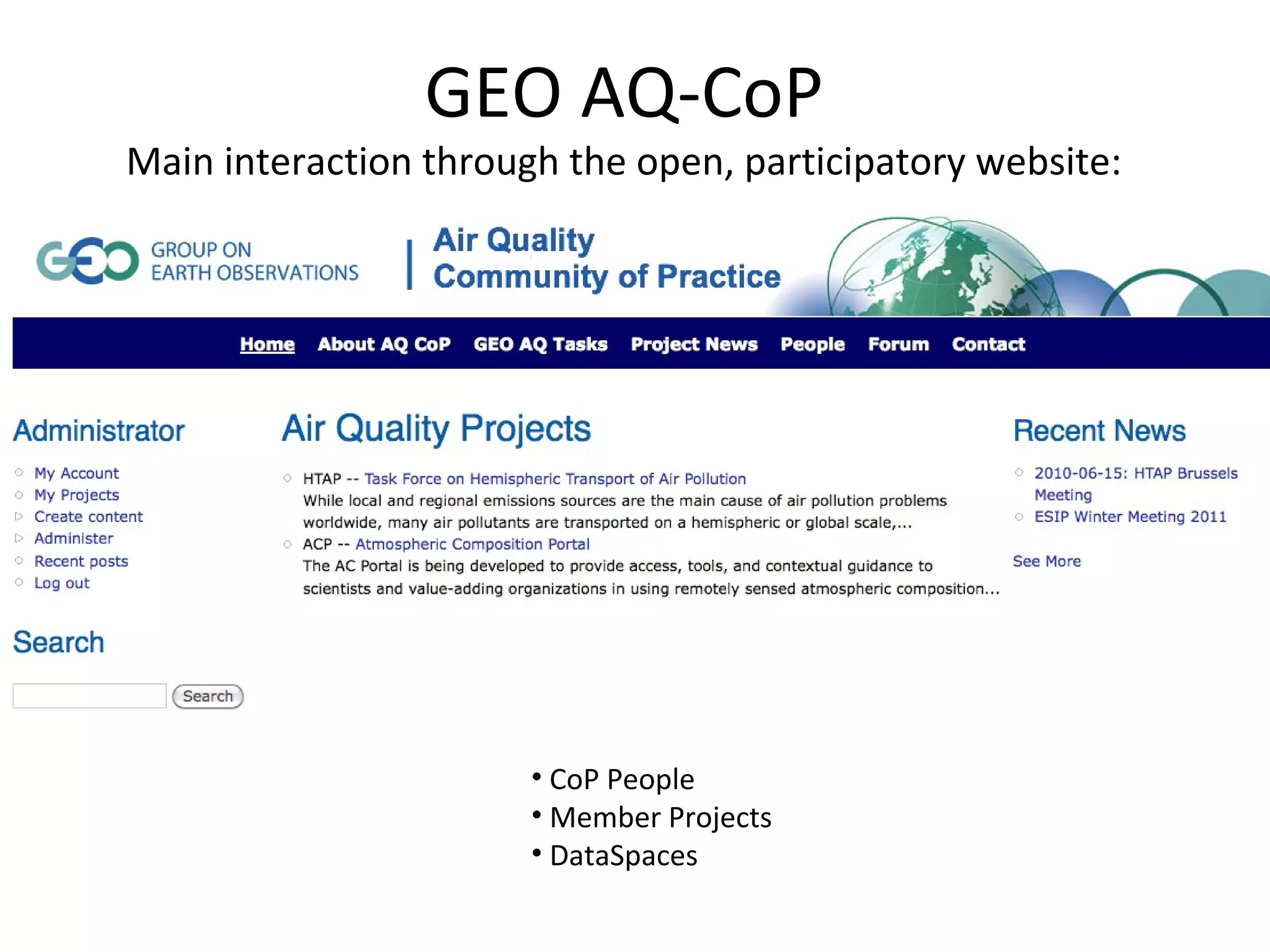 GEO AQ-CoP
Main interaction through the open, participatory website:




                       • CoP People
                       • Member Projects
                       • DataSpaces
 