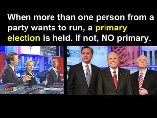When more than one person from a
party wants to run, a primary
election is held. If not, NO primary.
 