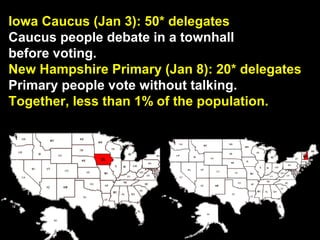 Iowa Caucus (Jan 3): 50* delegates
Caucus people debate in a townhall
before voting.
New Hampshire Primary (Jan 8): 20* delegates
Primary people vote without talking.
Together, less than 1% of the population.
 